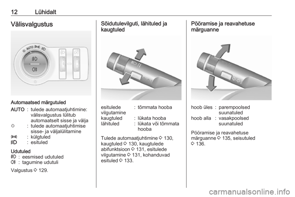 OPEL INSIGNIA 2016.5  Omaniku käsiraamat (in Estonian) 12LühidaltVälisvalgustus
Automaatsed märgutuled
AUTO:tulede automaatjuhtimine:
välisvalgustus lülitub
automaatselt sisse ja väljam:tulede automaatjuhtimise
sisse- ja väljalülitamine8:külgtule