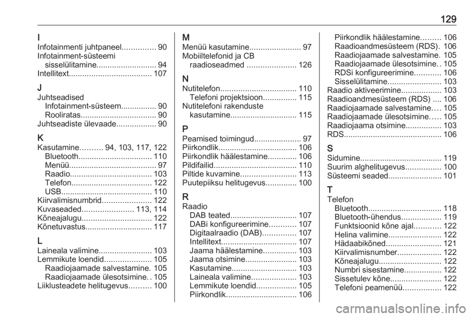 OPEL INSIGNIA BREAK 2017.5  Infotainment-süsteemi juhend (in Estonian) 129I
Infotainmenti juhtpaneel ...............90
Infotainment-süsteemi sisselülitamine ........................... 94
Intellitext ..................................... 107
J Juhtseadised Infotainment