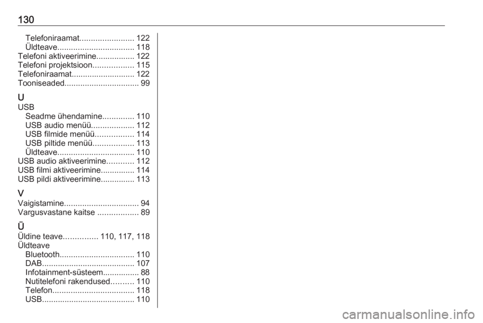 OPEL INSIGNIA BREAK 2017.5  Infotainment-süsteemi juhend (in Estonian) 130Telefoniraamat........................ 122
Üldteave .................................. 118
Telefoni aktiveerimine................. 122
Telefoni projektsioon ..................115
Telefoniraamat...
