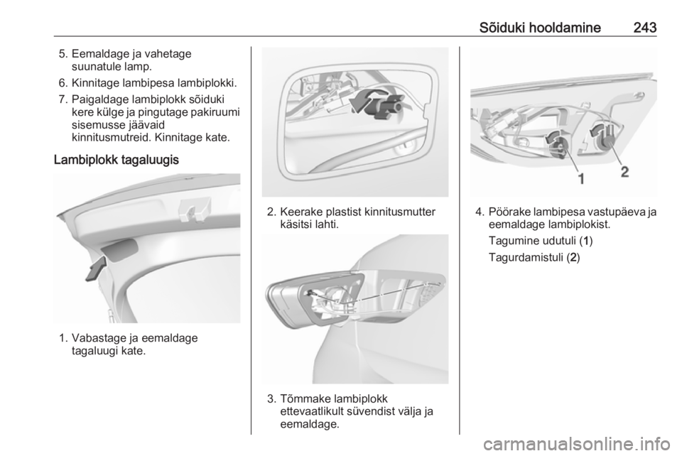 OPEL INSIGNIA BREAK 2017.5  Omaniku käsiraamat (in Estonian) Sõiduki hooldamine2435. Eemaldage ja vahetagesuunatule lamp.
6. Kinnitage lambipesa lambiplokki.
7. Paigaldage lambiplokk sõiduki kere külge ja pingutage pakiruumisisemusse jäävaid
kinnitusmutrei