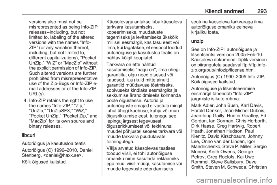 OPEL INSIGNIA BREAK 2017.5  Omaniku käsiraamat (in Estonian) Kliendi andmed293versions also must not be
misrepresented as being Info-ZIP
releases--including, but not
limited to, labeling of the altered
versions with the names “Info-
ZIP” (or any variation t