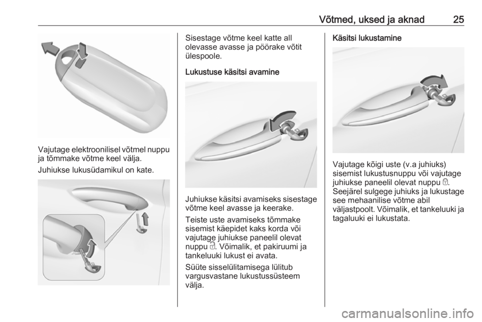 OPEL INSIGNIA BREAK 2017.75  Omaniku käsiraamat (in Estonian) Võtmed, uksed ja aknad25
Vajutage elektroonilisel võtmel nuppu
ja tõmmake võtme keel välja.
Juhiukse lukusüdamikul on kate.
Sisestage võtme keel katte all
olevasse avasse ja pöörake võtit ü