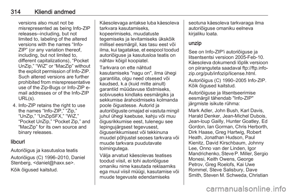 OPEL INSIGNIA BREAK 2017.75 Omaniku käsiraamat (in Estonian) 314Kliendi andmedversions also must not be
misrepresented as being Info-ZIP
releases--including, but not
limited to, labeling of the altered
versions with the names “Info-
ZIP” (or any variation t OPEL INSIGNIA BREAK 2017.75 Omaniku käsiraamat (in Estonian) 314Kliendi andmedversions also must not be
misrepresented as being Info-ZIP
releases--including, but not
limited to, labeling of the altered
versions with the names “Info-
ZIP” (or any variation t