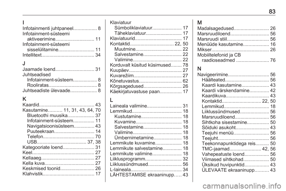 OPEL INSIGNIA BREAK 2018  Infotainment-süsteemi juhend (in Estonian) 83I
Infotainmenti juhtpaneel .................8
Infotainment-süsteemi aktiveerimine ............................. 11
Infotainment-süsteemi sisselülitamine ........................... 11
Intellitext OPEL INSIGNIA BREAK 2018  Infotainment-süsteemi juhend (in Estonian) 83I
Infotainmenti juhtpaneel .................8
Infotainment-süsteemi aktiveerimine ............................. 11
Infotainment-süsteemi sisselülitamine ........................... 11
Intellitext