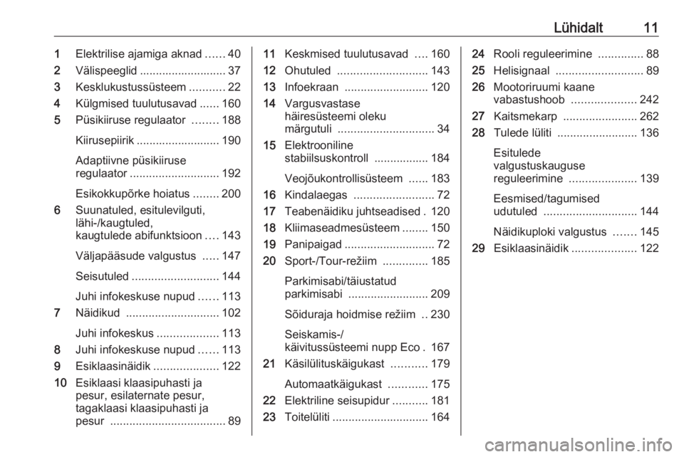 OPEL INSIGNIA BREAK 2018  Omaniku käsiraamat (in Estonian) Lühidalt111Elektrilise ajamiga aknad ......40
2 Välispeeglid ........................... 37
3 Kesklukustussüsteem ...........22
4 Külgmised tuulutusavad ......160
5 Püsikiiruse regulaator  ......