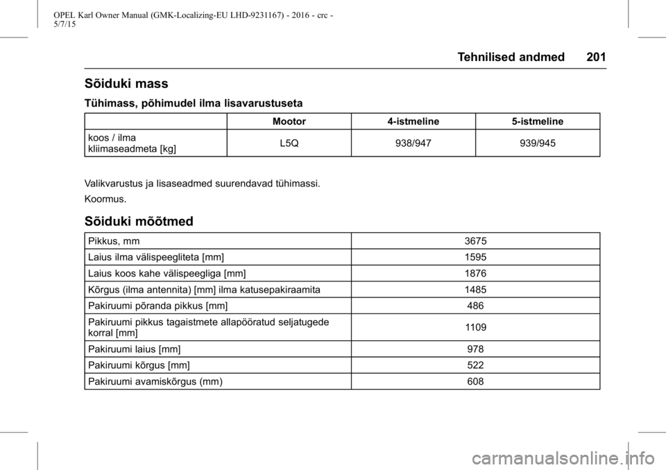 OPEL KARL 2015.75 Omaniku käsiraamat (in Estonian) OPEL Karl Owner Manual (GMK-Localizing-EU LHD-9231167) - 2016 - crc -
5/7/15
Tehnilised andmed 201
Sõiduki mass
Tühimass, põhimudel ilma lisavarustuseta
Mootor4-istmeline 5-istmeline
koos / ilma
kl OPEL KARL 2015.75 Omaniku käsiraamat (in Estonian) OPEL Karl Owner Manual (GMK-Localizing-EU LHD-9231167) - 2016 - crc -
5/7/15
Tehnilised andmed 201
Sõiduki mass
Tühimass, põhimudel ilma lisavarustuseta
Mootor4-istmeline 5-istmeline
koos / ilma
kl
