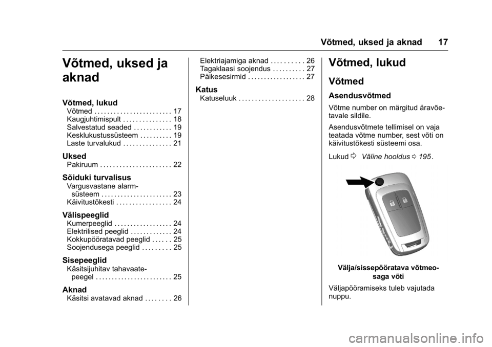 OPEL KARL 2016  Omaniku käsiraamat (in Estonian) OPEL Karl Owner Manual (GMK-Localizing-EU LHD-9231167) - 2016 - crc -
9/10/15
Võtmed, uksed ja aknad 17
Võtmed, uksed ja
aknad
Võtmed, lukud
Võtmed . . . . . . . . . . . . . . . . . . . . . . . . 