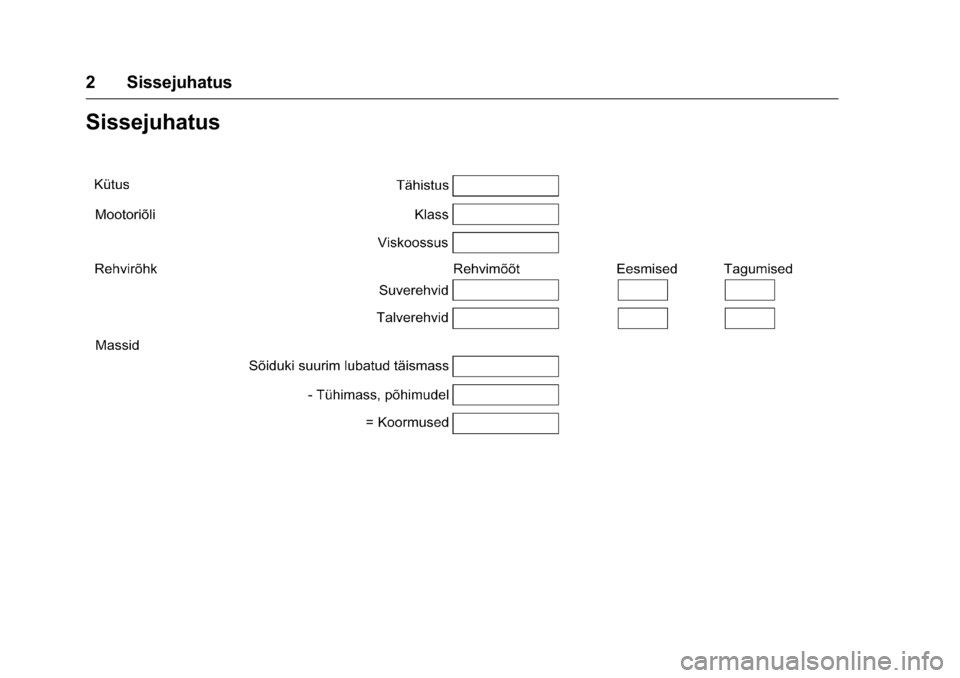 OPEL KARL 2016  Omaniku käsiraamat (in Estonian) OPEL Karl Owner Manual (GMK-Localizing-EU LHD-9231167) - 2016 - crc -
9/10/15
2 Sissejuhatus
Sissejuhatus 