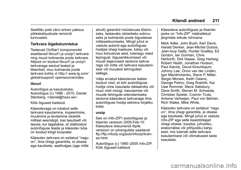 OPEL KARL 2016 Omaniku käsiraamat (in Estonian) OPEL Karl Owner Manual (GMK-Localizing-EU LHD-9231167) - 2016 - crc -
9/10/15
Kliendi andmed 211
Seetõttu pole värvi erinev paksus
põrkekahjustuste remondi
tunnuseks.
Tarkvara õigekstunnistus
Teat OPEL KARL 2016 Omaniku käsiraamat (in Estonian) OPEL Karl Owner Manual (GMK-Localizing-EU LHD-9231167) - 2016 - crc -
9/10/15
Kliendi andmed 211
Seetõttu pole värvi erinev paksus
põrkekahjustuste remondi
tunnuseks.
Tarkvara õigekstunnistus
Teat