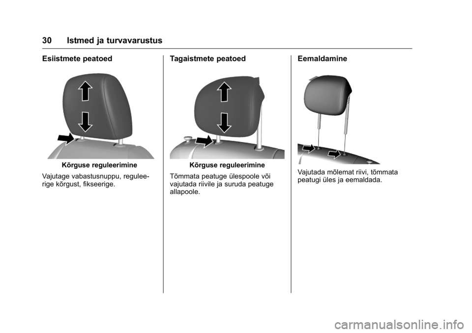 OPEL KARL 2016  Omaniku käsiraamat (in Estonian) OPEL Karl Owner Manual (GMK-Localizing-EU LHD-9231167) - 2016 - crc -
9/10/15
30 Istmed ja turvavarustus
Esiistmete peatoed
Kõrguse reguleerimine
Vajutage vabastusnuppu, regulee-
rige kõrgust, fikse