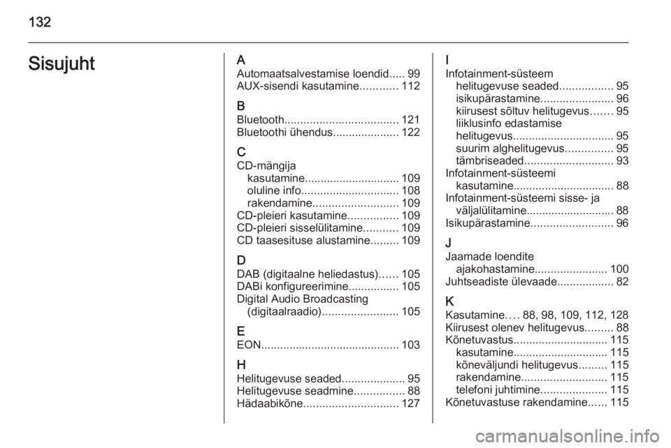 OPEL MERIVA 2014.5  Infotainment-süsteemi juhend (in Estonian) 132SisujuhtAAutomaatsalvestamise loendid .....99
AUX-sisendi kasutamine ............112
B Bluetooth .................................... 121
Bluetoothi ühendus .....................122
C CD-mängija 
