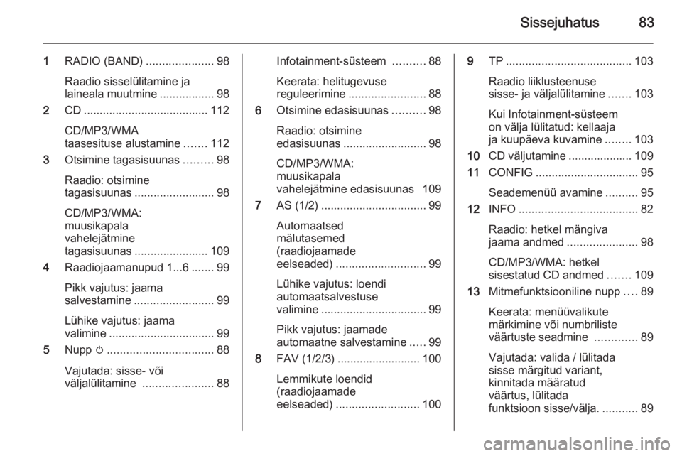 OPEL MERIVA 2014.5  Infotainment-süsteemi juhend (in Estonian) Sissejuhatus83
1RADIO (BAND) .....................98
Raadio sisselülitamine ja
laineala muutmine .................98
2 CD....................................... 112
CD/MP3/WMA
taasesituse alustamine 