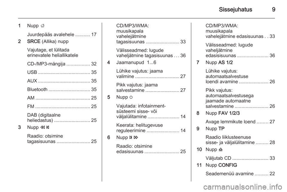 OPEL MERIVA 2015 Infotainment-süsteemi juhend (in Estonian) Sissejuhatus9
1Nupp ;
Juurdepääs avalehele ...........17
2 SRCE (Allika) nupp
Vajutage, et lülitada
erinevatele heliallikatele
CD-/MP3-mängija .................32
USB ........................... OPEL MERIVA 2015 Infotainment-süsteemi juhend (in Estonian) Sissejuhatus9
1Nupp ;
Juurdepääs avalehele ...........17
2 SRCE (Allika) nupp
Vajutage, et lülitada
erinevatele heliallikatele
CD-/MP3-mängija .................32
USB ...........................