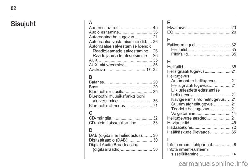 OPEL MERIVA 2015  Infotainment-süsteemi juhend (in Estonian) 82SisujuhtAAadressiraamat ............................ 45
Audio esitamine ............................ 36
Automaatne helitugevus ...............21
Automaatsalvestamise loendid .....26
Automaatse salve