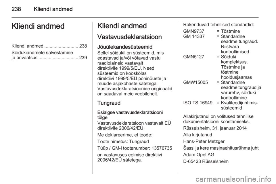 OPEL MERIVA 2015 Omaniku käsiraamat (in Estonian) 238Kliendi andmedKliendi andmedKliendi andmed.......................... 238
Sõidukiandmete salvestamine
ja privaatsus ............................... 239Kliendi andmed
Vastavusdeklaratsioon Jõuülek OPEL MERIVA 2015 Omaniku käsiraamat (in Estonian) 238Kliendi andmedKliendi andmedKliendi andmed.......................... 238
Sõidukiandmete salvestamine
ja privaatsus ............................... 239Kliendi andmed
Vastavusdeklaratsioon Jõuülek