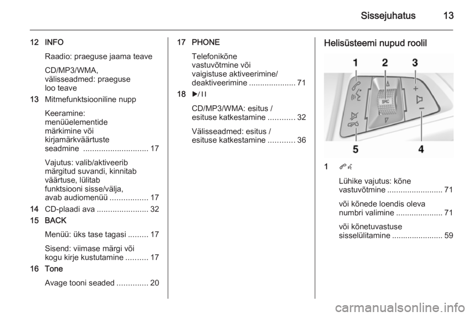 OPEL MERIVA 2015.5  Infotainment-süsteemi juhend (in Estonian) Sissejuhatus13
12 INFORaadio: praeguse jaama teave
CD/MP3/WMA,
välisseadmed: praeguse
loo teave
13 Mitmefunktsiooniline nupp
Keeramine:
menüüelementide
märkimine või
kirjamärkväärtuste
seadmin