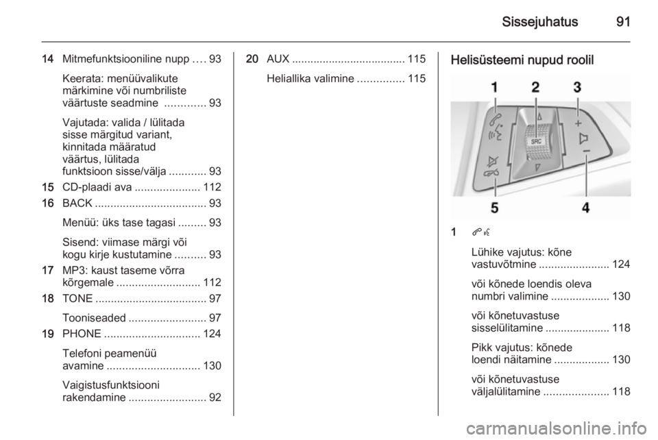 OPEL MERIVA 2015.5 Infotainment-süsteemi juhend (in Estonian) Sissejuhatus91
14Mitmefunktsiooniline nupp ....93
Keerata: menüüvalikute
märkimine või numbriliste
väärtuste seadmine .............93
Vajutada: valida / lülitada
sisse märgitud variant,
kinni OPEL MERIVA 2015.5 Infotainment-süsteemi juhend (in Estonian) Sissejuhatus91
14Mitmefunktsiooniline nupp ....93
Keerata: menüüvalikute
märkimine või numbriliste
väärtuste seadmine .............93
Vajutada: valida / lülitada
sisse märgitud variant,
kinni