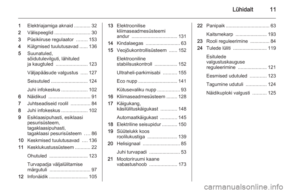 OPEL MERIVA 2015.5 Omaniku käsiraamat (in Estonian) Lühidalt11
1Elektriajamiga aknaid ............32
2 Välispeeglid ........................... 30
3 Püsikiiruse regulaator ........153
4 Külgmised tuulutusavad ......136
5 Suunatuled,
sõidutulevilg OPEL MERIVA 2015.5 Omaniku käsiraamat (in Estonian) Lühidalt11
1Elektriajamiga aknaid ............32
2 Välispeeglid ........................... 30
3 Püsikiiruse regulaator ........153
4 Külgmised tuulutusavad ......136
5 Suunatuled,
sõidutulevilg
