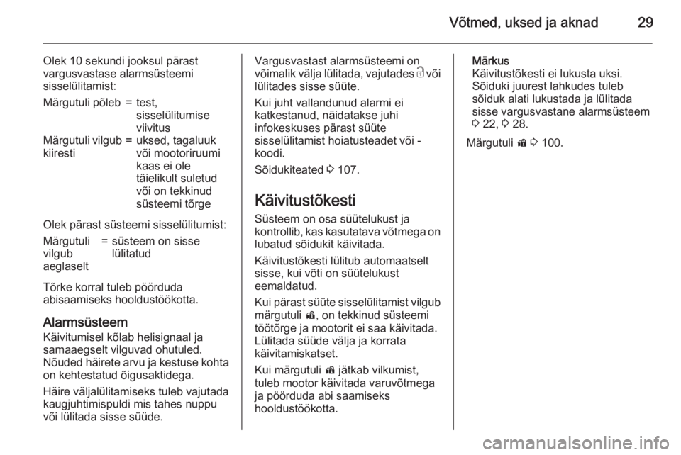 OPEL MERIVA 2015.5  Omaniku käsiraamat (in Estonian) Võtmed, uksed ja aknad29
Olek 10 sekundi jooksul pärast
vargusvastase alarmsüsteemi
sisselülitamist:Märgutuli põleb=test,
sisselülitumise
viivitusMärgutuli vilgub
kiiresti=uksed, tagaluuk
või