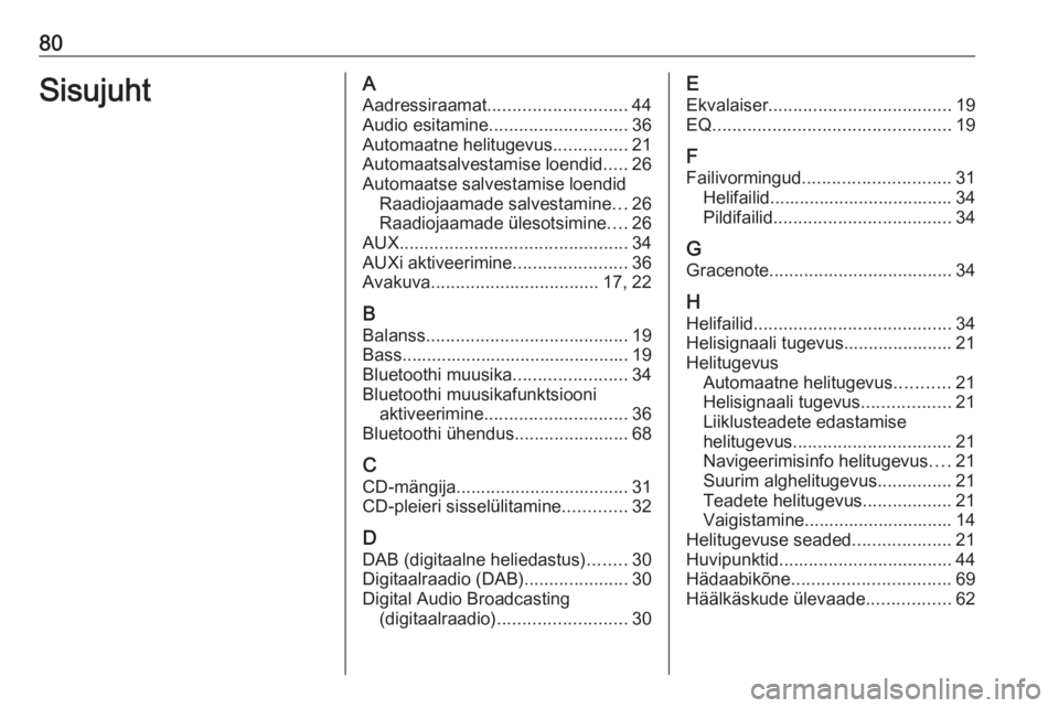 OPEL MERIVA 2016  Infotainment-süsteemi juhend (in Estonian) 80SisujuhtAAadressiraamat ............................ 44
Audio esitamine ............................ 36
Automaatne helitugevus ...............21
Automaatsalvestamise loendid .....26
Automaatse salve