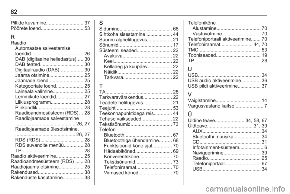 OPEL MERIVA 2016  Infotainment-süsteemi juhend (in Estonian) 82Piltide kuvamine........................... 37
Pöörete loend ............................... 53
R
Raadio Automaatse salvestamise
loendid....................................... 26
DAB (digitaalne h