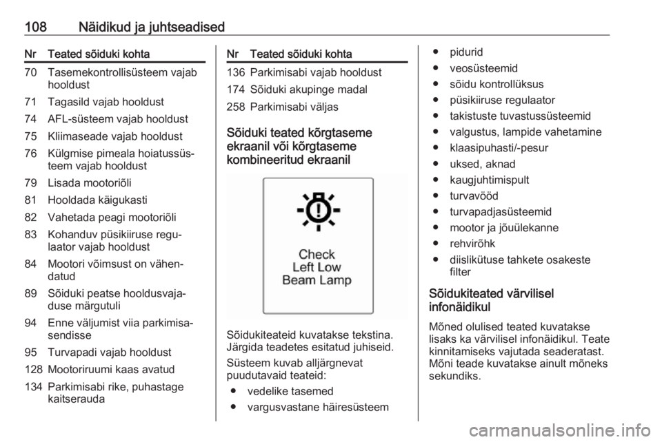 OPEL MERIVA 2016  Omaniku käsiraamat (in Estonian) 108Näidikud ja juhtseadisedNrTeated sõiduki kohta70Tasemekontrollisüsteem vajab
hooldust71Tagasild vajab hooldust74AFL-süsteem vajab hooldust75Kliimaseade vajab hooldust76Külgmise pimeala hoiatus