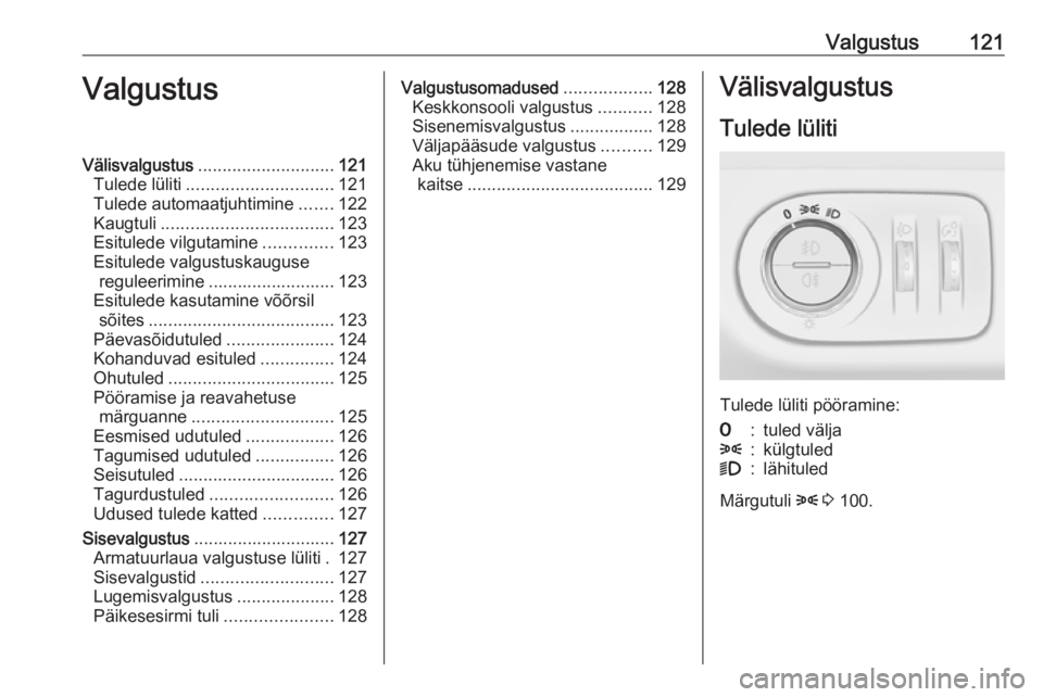 OPEL MERIVA 2016 Omaniku käsiraamat (in Estonian) Valgustus121ValgustusVälisvalgustus............................ 121
Tulede lüliti .............................. 121
Tulede automaatjuhtimine .......122
Kaugtuli ................................... OPEL MERIVA 2016 Omaniku käsiraamat (in Estonian) Valgustus121ValgustusVälisvalgustus............................ 121
Tulede lüliti .............................. 121
Tulede automaatjuhtimine .......122
Kaugtuli ...................................