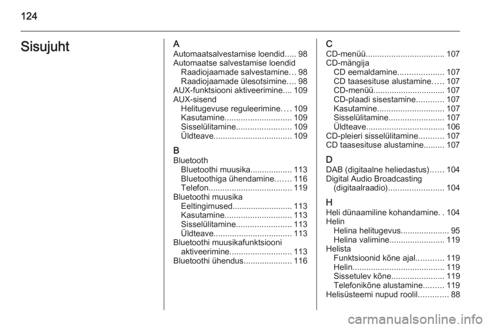 OPEL MOKKA 2015  Infotainment-süsteemi juhend (in Estonian) 124SisujuhtAAutomaatsalvestamise loendid .....98
Automaatse salvestamise loendid Raadiojaamade salvestamine ...98
Raadiojaamade ülesotsimine ....98
AUX-funktsiooni aktiveerimine.... 109
AUX-sisend He