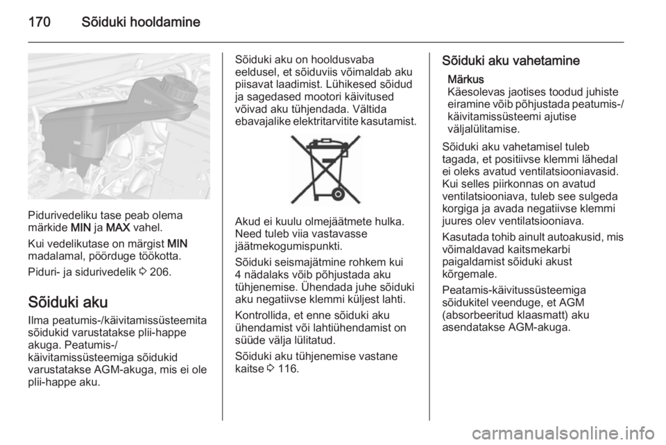 OPEL MOKKA 2015.5  Omaniku käsiraamat (in Estonian) 170Sõiduki hooldamine
Pidurivedeliku tase peab olema
märkide  MIN ja MAX  vahel.
Kui vedelikutase on märgist  MIN
madalamal, pöörduge töökotta.
Piduri- ja sidurivedelik  3 206.
Sõiduki aku Ilm
