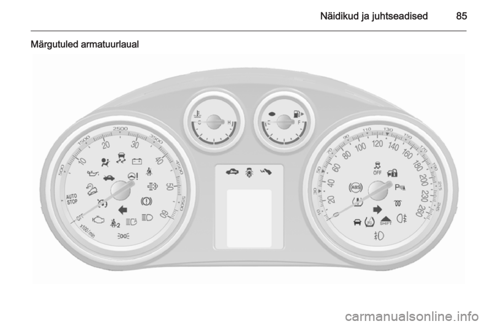 OPEL MOKKA 2015.5 Omaniku käsiraamat (in Estonian) Näidikud ja juhtseadised85
Märgutuled armatuurlaual OPEL MOKKA 2015.5 Omaniku käsiraamat (in Estonian) Näidikud ja juhtseadised85
Märgutuled armatuurlaual