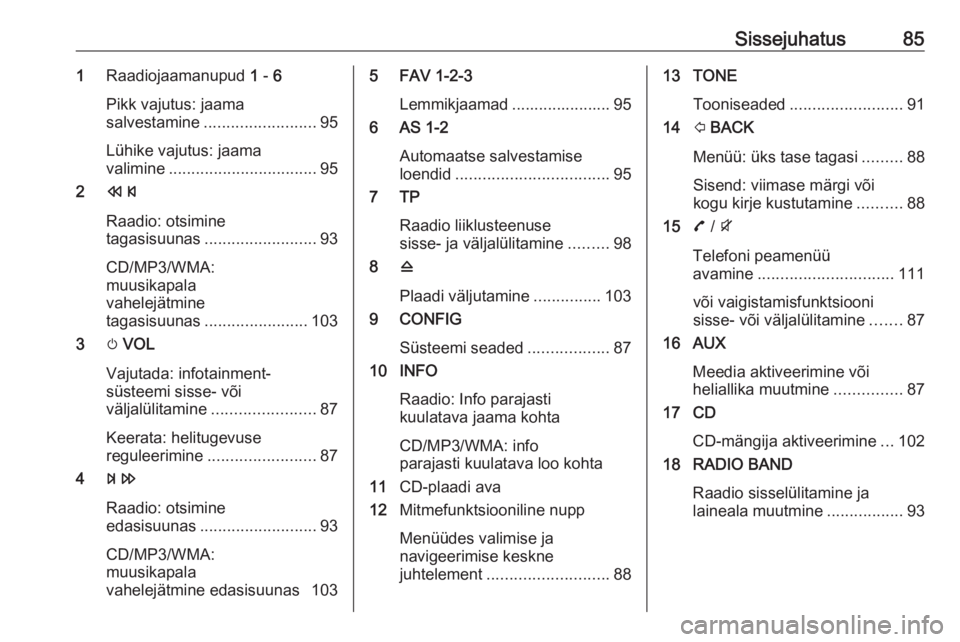 OPEL MOKKA 2016.5  Infotainment-süsteemi juhend (in Estonian) Sissejuhatus851Raadiojaamanupud  1 -  6
Pikk vajutus: jaama
salvestamine ......................... 95
Lühike vajutus: jaama
valimine ................................. 95
2 s
Raadio: otsimine
tagasisu