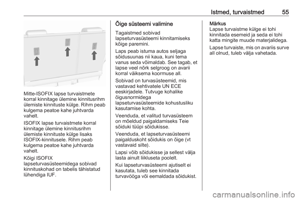 OPEL MOKKA X 2018  Infotainment-süsteemi juhend (in Estonian) Istmed, turvaistmed55
Mitte-ISOFIX lapse turvaistmete
korral kinnitage ülemine kinnitusrihm
ülemiste kinnituste külge. Rihm peab kulgema peatoe kahe juhtvarda
vahelt.
ISOFIX lapse turvaistmete korr
