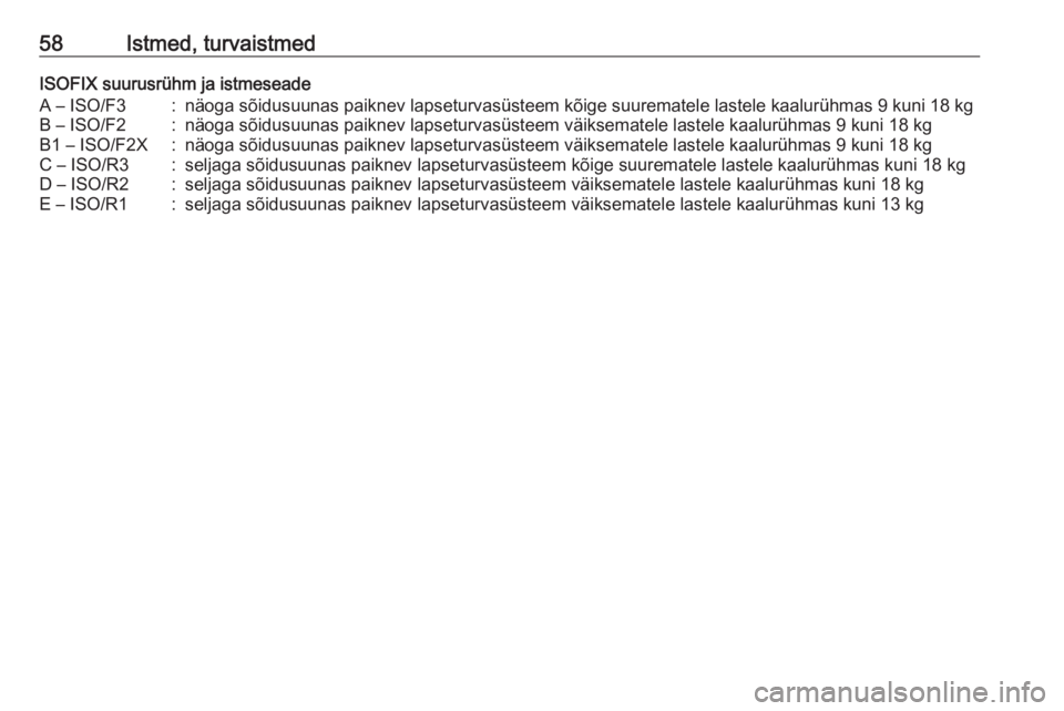 OPEL MOKKA X 2018  Infotainment-süsteemi juhend (in Estonian) 58Istmed, turvaistmedISOFIX suurusrühm ja istmeseadeA – ISO/F3:näoga sõidusuunas paiknev lapseturvasüsteem kõige suurematele lastele kaalurühmas 9 kuni 18 kgB – ISO/F2:näoga sõidusuunas pa