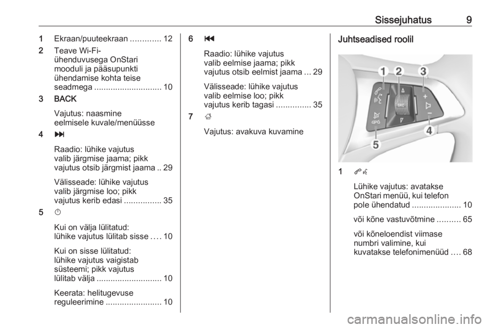 OPEL MOKKA X 2018  Omaniku käsiraamat (in Estonian) Sissejuhatus91Ekraan/puuteekraan .............12
2 Teave Wi-Fi-
ühenduvusega OnStari
mooduli ja pääsupunkti
ühendamise kohta teise
seadmega ............................. 10
3 BACK
Vajutus: naasmin