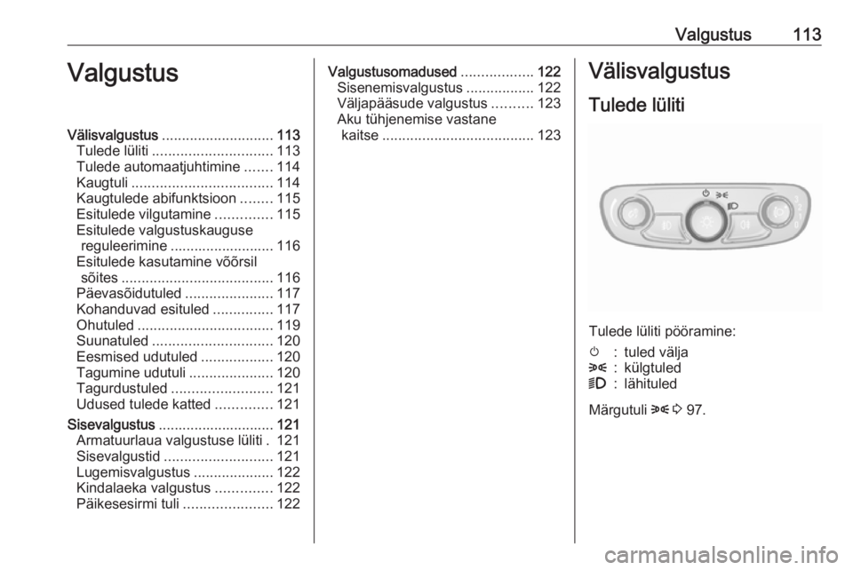 OPEL MOKKA X 2019.5 Omaniku käsiraamat (in Estonian) Valgustus113ValgustusVälisvalgustus............................ 113
Tulede lüliti .............................. 113
Tulede automaatjuhtimine .......114
Kaugtuli ................................... OPEL MOKKA X 2019.5 Omaniku käsiraamat (in Estonian) Valgustus113ValgustusVälisvalgustus............................ 113
Tulede lüliti .............................. 113
Tulede automaatjuhtimine .......114
Kaugtuli ...................................