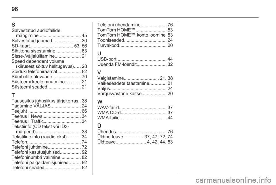 OPEL VIVARO B 2014.5  Infotainment-süsteemi juhend (in Estonian) 96
SSalvestatud audiofailide mängimine................................. 45
Salvestatud jaamad ......................30
SD-kaart ................................. 53, 56
Sihtkoha sisestamine .........