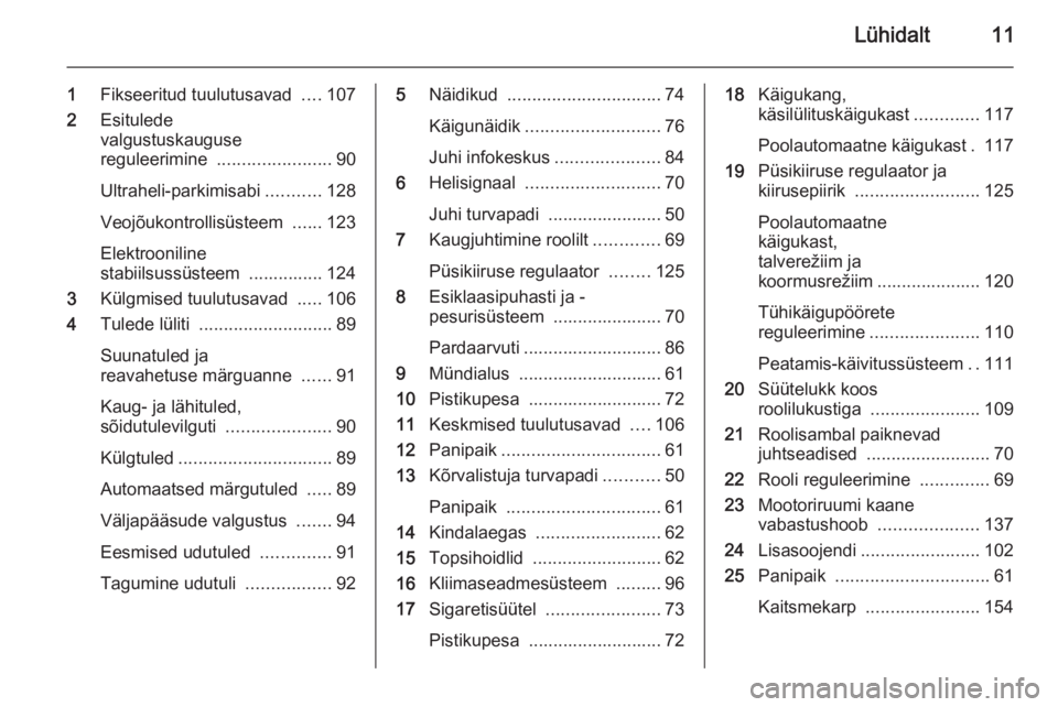 OPEL MOVANO_B 2015  Omaniku käsiraamat (in Estonian) Lühidalt11
1Fikseeritud tuulutusavad  ....107
2 Esitulede
valgustuskauguse
reguleerimine  ....................... 90
Ultraheli-parkimisabi ...........128
Veojõukontrollisüsteem  ......123
Elektroon