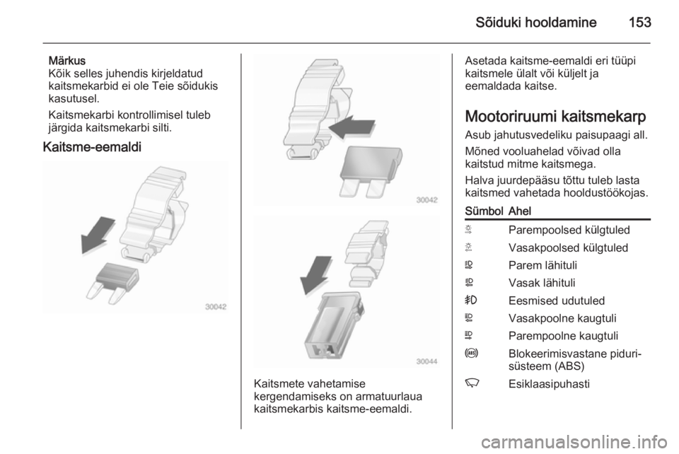 OPEL MOVANO_B 2015  Omaniku käsiraamat (in Estonian) Sõiduki hooldamine153
Märkus
Kõik selles juhendis kirjeldatud
kaitsmekarbid ei ole Teie sõidukis
kasutusel.
Kaitsmekarbi kontrollimisel tuleb järgida kaitsmekarbi silti.
Kaitsme-eemaldi
Kaitsmete