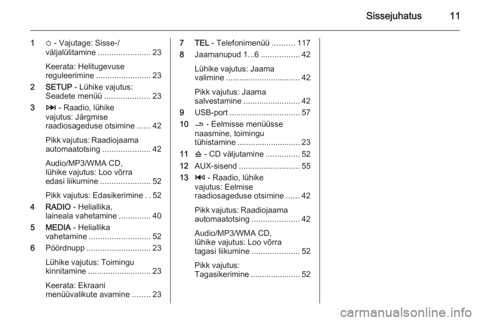 OPEL VIVARO B 2015.5  Infotainment-süsteemi juhend (in Estonian) Sissejuhatus11
1m - Vajutage: Sisse-/
väljalülitamine ....................... 23
Keerata: Helitugevuse
reguleerimine ........................ 23
2 SETUP  - Lühike vajutus:
Seadete menüü .........