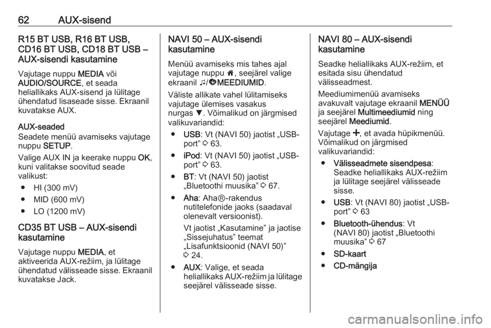 OPEL VIVARO B 2016  Infotainment-süsteemi juhend (in Estonian) 62AUX-sisendR15 BT USB, R16 BT USB,
CD16 BT USB, CD18 BT USB –
AUX-sisendi kasutamine
Vajutage nuppu  MEDIA või
AUDIO/SOURCE , et seada
heliallikaks AUX-sisend ja lülitage
ühendatud lisaseade sis