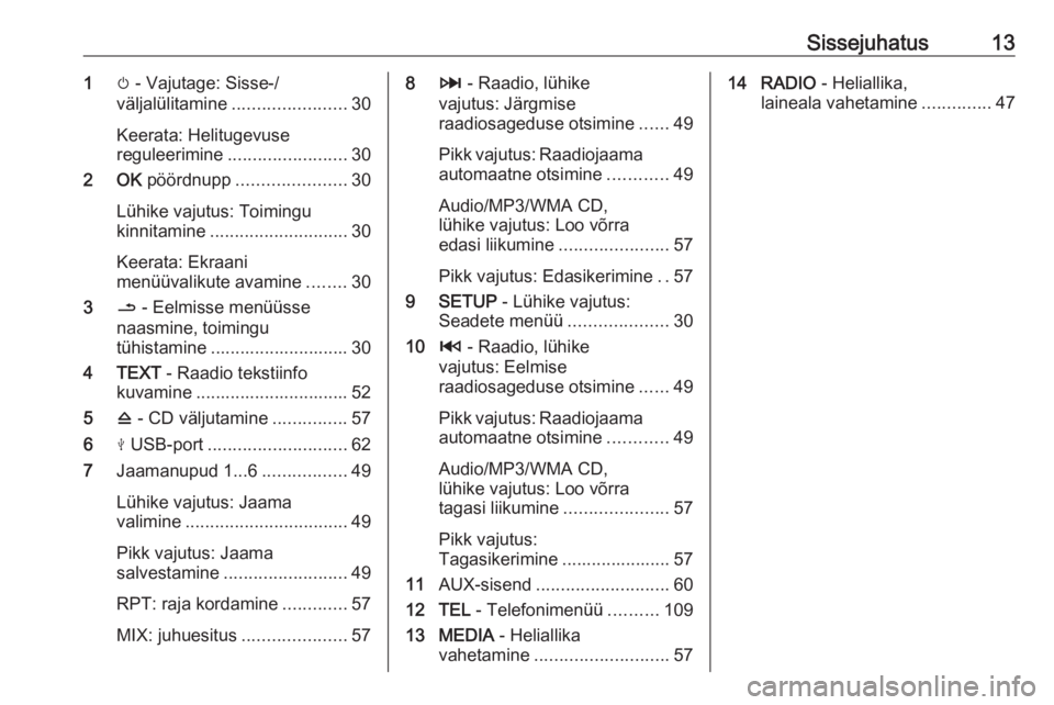 OPEL VIVARO B 2018  Infotainment-süsteemi juhend (in Estonian) Sissejuhatus131m - Vajutage: Sisse-/
väljalülitamine ....................... 30
Keerata: Helitugevuse
reguleerimine ........................ 30
2 OK  pöördnupp ...................... 30
Lühike va