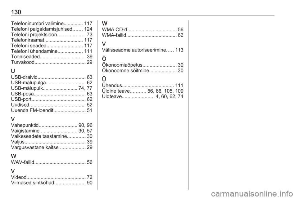 OPEL VIVARO B 2018  Infotainment-süsteemi juhend (in Estonian) 130Telefoninumbri valimine.............. 117
Telefoni paigaldamisjuhised .......124
Telefoni projektsioon ....................73
Telefoniraamat............................ 117
Telefoni seaded ........