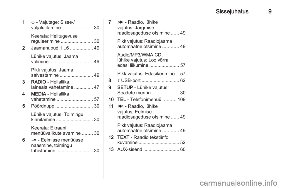 OPEL MOVANO_B 2018  Infotainment-süsteemi juhend (in Estonian) Sissejuhatus91m - Vajutage: Sisse-/
väljalülitamine ....................... 30
Keerata: Helitugevuse
reguleerimine ........................ 30
2 Jaamanupud 1...6 .................49
Lühike vajutus: