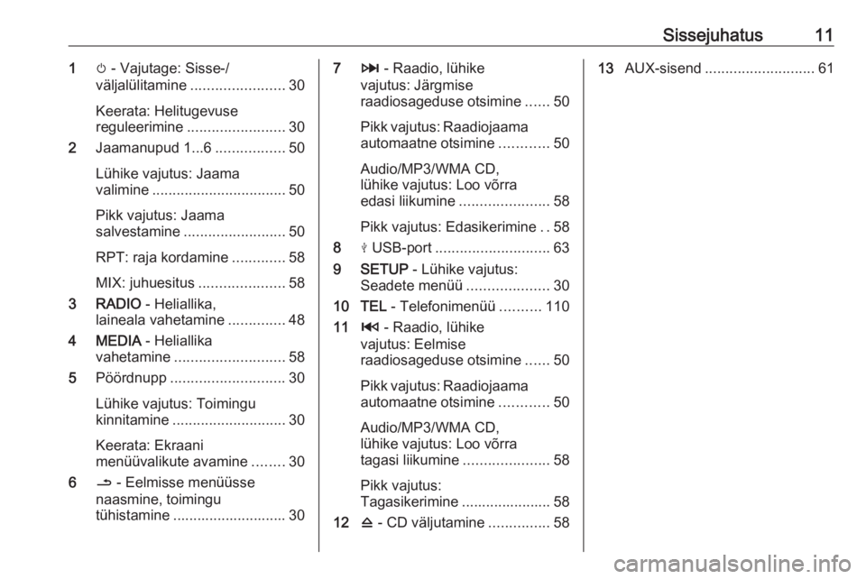 OPEL MOVANO_B 2018.5  Infotainment-süsteemi juhend (in Estonian) Sissejuhatus111m - Vajutage: Sisse-/
väljalülitamine ....................... 30
Keerata: Helitugevuse
reguleerimine ........................ 30
2 Jaamanupud 1...6 .................50
Lühike vajutus