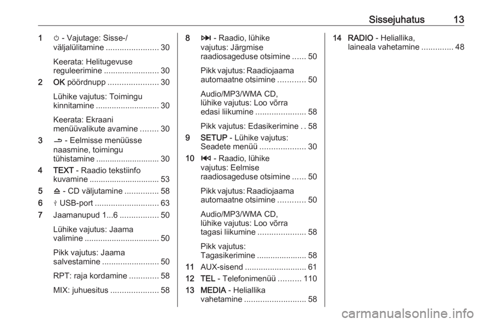 OPEL VIVARO B 2018.5  Infotainment-süsteemi juhend (in Estonian) Sissejuhatus131m - Vajutage: Sisse-/
väljalülitamine ....................... 30
Keerata: Helitugevuse
reguleerimine ........................ 30
2 OK  pöördnupp ...................... 30
Lühike va