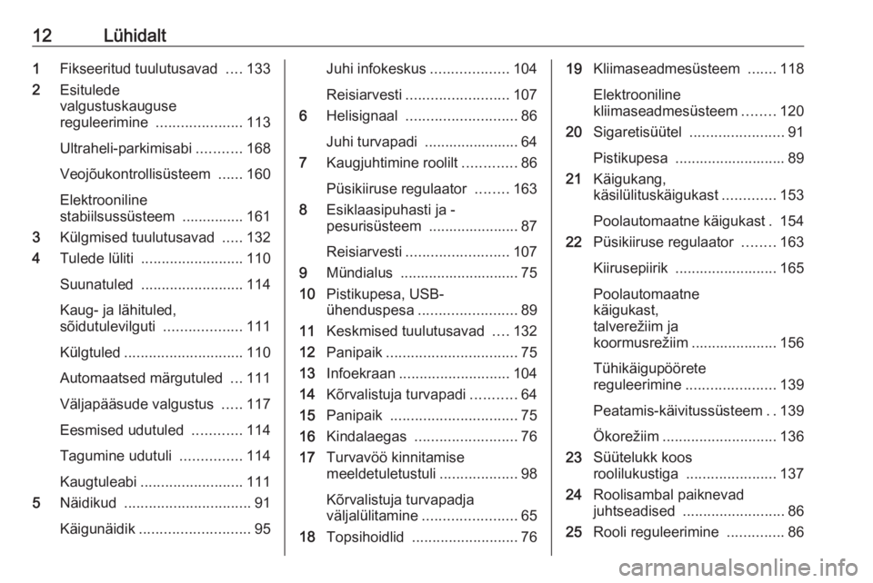 OPEL MOVANO_B 2018.5  Omaniku käsiraamat (in Estonian) 12Lühidalt1Fikseeritud tuulutusavad  ....133
2 Esitulede
valgustuskauguse
reguleerimine  .....................113
Ultraheli-parkimisabi ...........168
Veojõukontrollisüsteem  ......160
Elektroonili