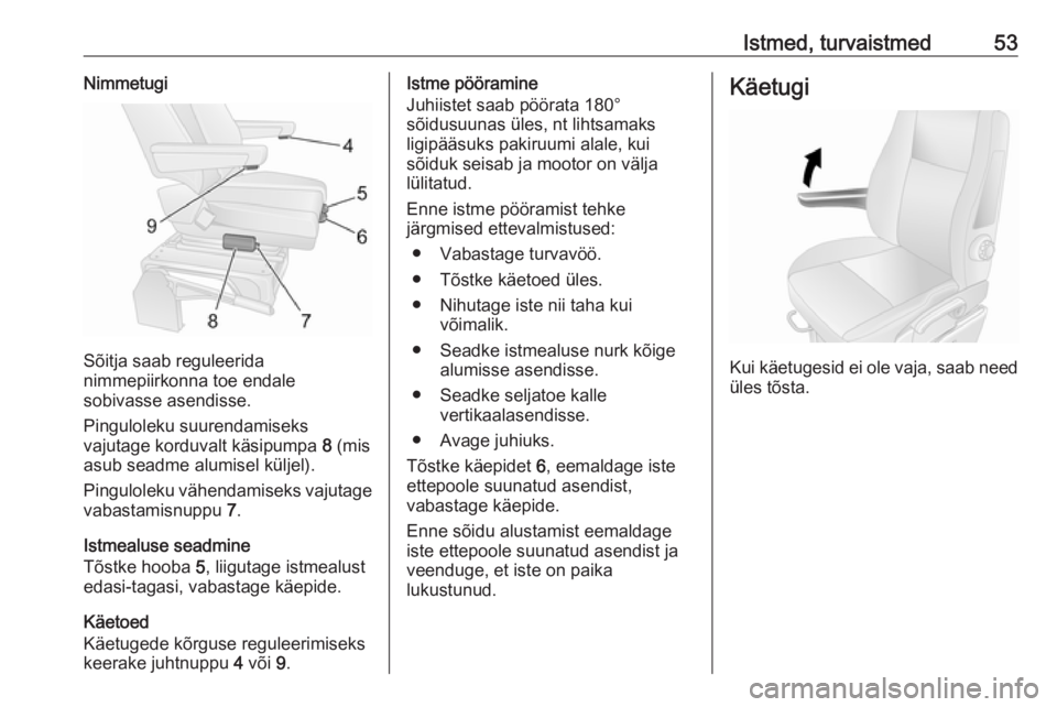 OPEL MOVANO_B 2018.5  Omaniku käsiraamat (in Estonian) Istmed, turvaistmed53Nimmetugi
Sõitja saab reguleerida
nimmepiirkonna toe endale
sobivasse asendisse.
Pinguloleku suurendamiseks
vajutage korduvalt käsipumpa  8 (mis
asub seadme alumisel küljel).
P