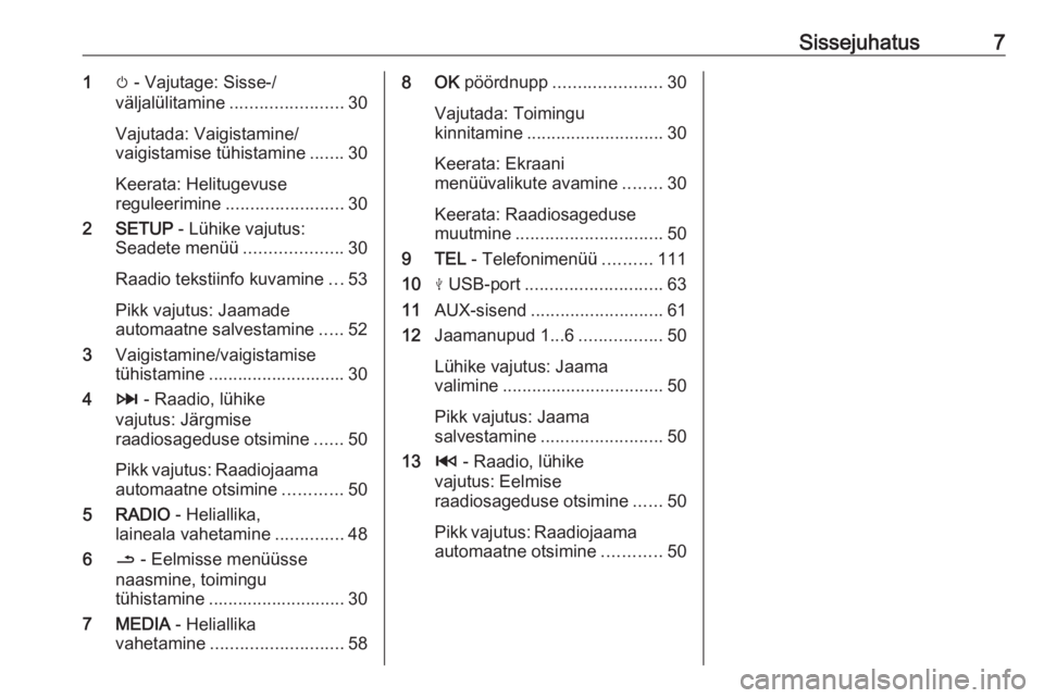OPEL VIVARO B 2019  Infotainment-süsteemi juhend (in Estonian) Sissejuhatus71m - Vajutage: Sisse-/
väljalülitamine ....................... 30
Vajutada: Vaigistamine/
vaigistamise tühistamine .......30
Keerata: Helitugevuse
reguleerimine .......................