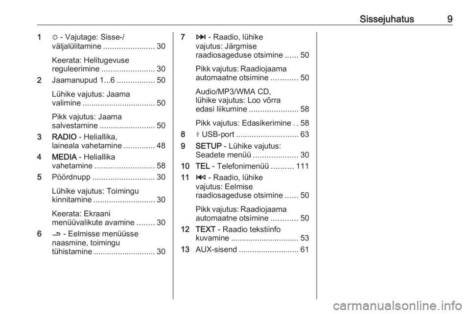 OPEL MOVANO_B 2019  Infotainment-süsteemi juhend (in Estonian) Sissejuhatus91m - Vajutage: Sisse-/
väljalülitamine ....................... 30
Keerata: Helitugevuse
reguleerimine ........................ 30
2 Jaamanupud 1...6 .................50
Lühike vajutus: