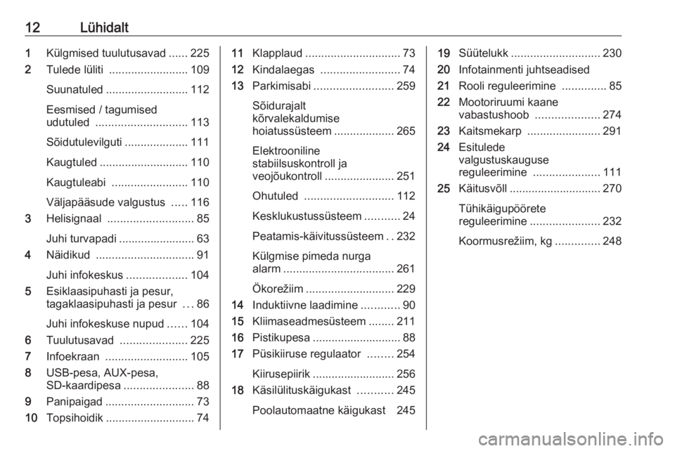 OPEL MOVANO_B 2020  Omaniku käsiraamat (in Estonian) 12Lühidalt1Külgmised tuulutusavad ......225
2 Tulede lüliti  ......................... 109
Suunatuled .......................... 112
Eesmised / tagumised
udutuled  ............................. 113